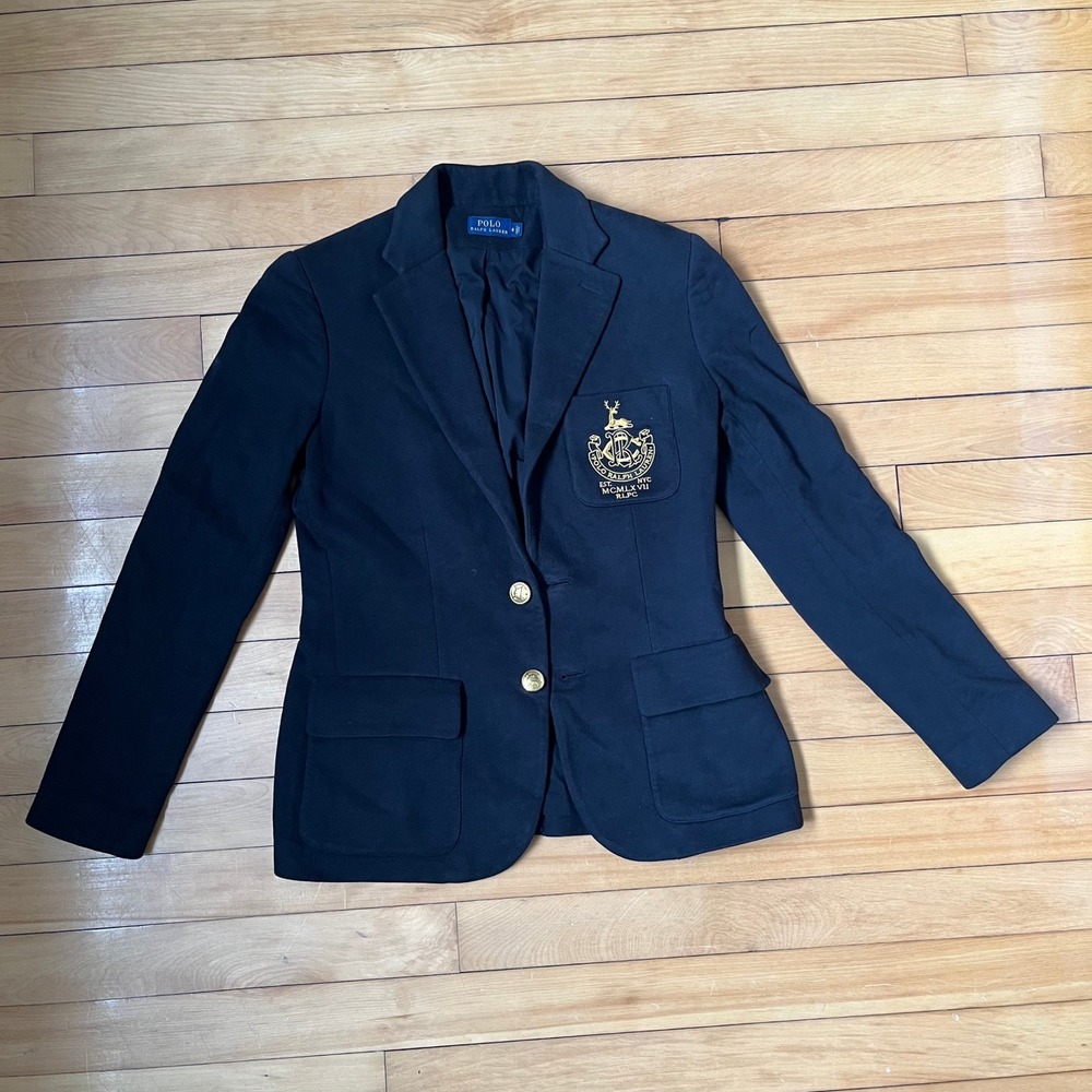 Polo Ralph Lauren Navy Blue Knit Crest Blazer Gold Bullion Embroidery Size 4